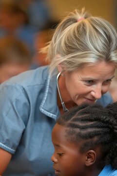 M&eacute;decin bienveillante effectuant un examen m&eacute;dical &agrave; une &eacute;coli&egrave;re dans un cadre scolaire