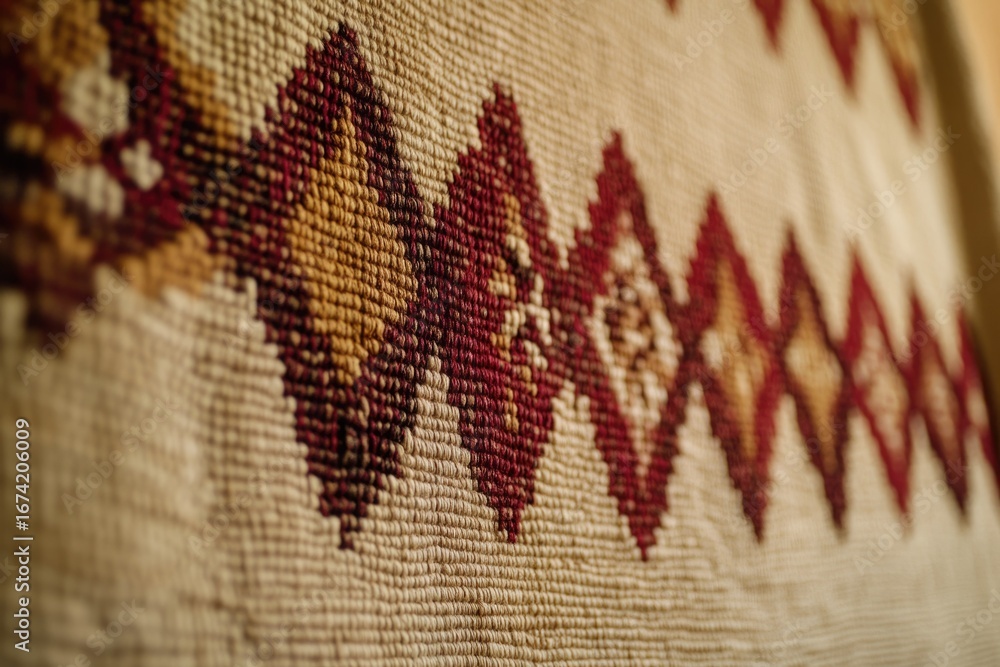 Poster close-up of a textured fabric with a repeating geometric pattern in burgundy and beige.
