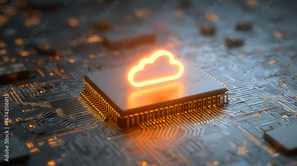 Aufkleber glowing cloud symbol on a computer chip representing cloud computing technology