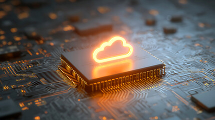 Glowing cloud symbol on a computer chip representing cloud computing technology