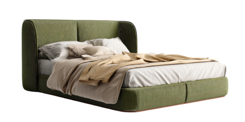 A modern upholstered bed in sage green
