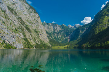 Beautiful Königssee lake in Bavaria, Germany – turquoise alpine water surrounded by majestic...