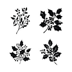Four black and white holly branches with berries arranged in a square pattern on white background