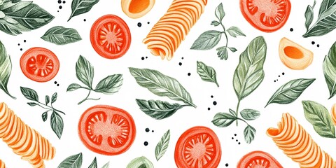 fresh tomato pasta with basil and spinach pattern for food blog design