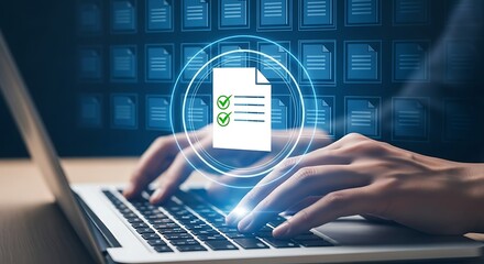 Hands typing on a laptop with a digital document checklist and glowing data streams in the background symbolizing online data management and digital workflow