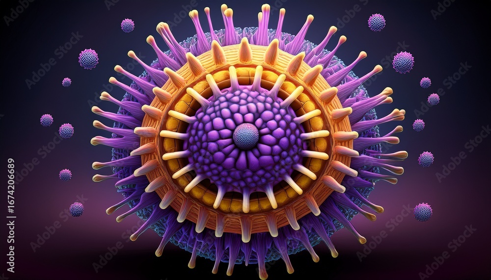 Poster oropouche virus particle visualized in 3d with spiked purple yellow structure in scientific microsco