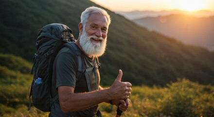 Joyful senior man with backpack on mountain hike gives enthusiastic thumbs up