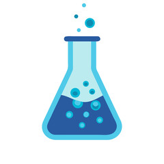 Flat vector icon of a curved lab beaker with periodic chemical symbols floating inside, smooth rounded shapes, cool-toned palette (teal and indigo), isolated
