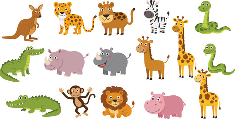 Cute cartoon wild animals collection, jungle safari zoo creatures, vector illustration for kids, educational design, isolated on white background.