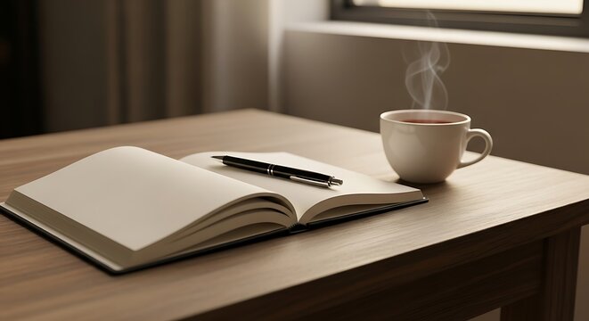 Cozy morning scene with steaming hot coffee, an open blank notebook, and a pen on a rustic wooden table, bathed in soft natural light, perfect for ...