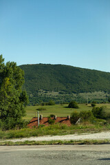 Rural landscape with distant mountain