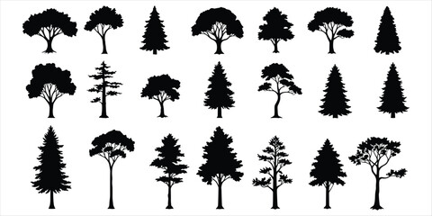 Diverse Collection of Black Tree Silhouettes on White Background nature forest