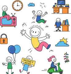 Cartoon stickman character, daily activities, vector illustration, scooter ride, money, balloons, cloud, clock, office desk, TV, playful pose