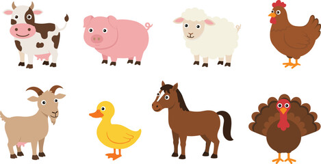 Cute farm animals cartoon vector set, cow, pig, sheep, chicken, goat, duck, horse, turkey, kids clipart, animal illustrations