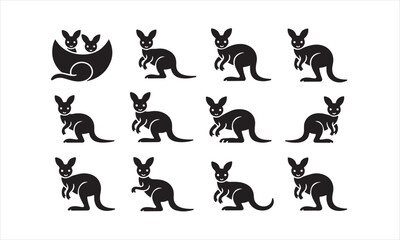 Collection of Simple Black Silhouette Kangaroo Icons, a set of nine simple, black silhouette icons of kangaroos in various poses.