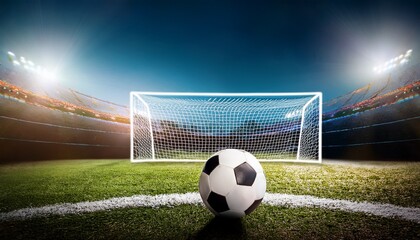 the ball hits goal net during soccer game scene with field at football stadium at night concept of background sport