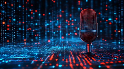 high-tech conference microphone in digital data stream background for podcast or broadcast technology