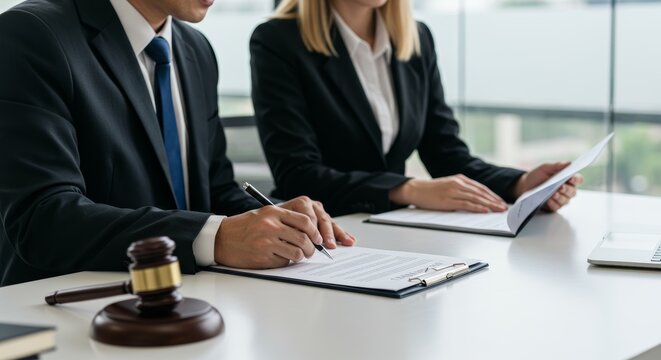 Legal professionals reviewing contract documents with gavel on the desk in office