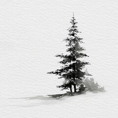 Minimalist watercolor of a snow-covered pine tree in a winter landscape
