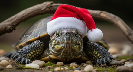 Turtle Wearing Red Santa Hat in Natural Outdoor Setting
