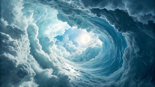 Fototapeta Surreal swirling sky tunnel of clouds with bright light