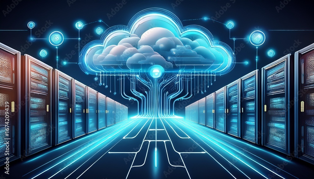 Poster network architecture diagram with connected servers and data cloud flow