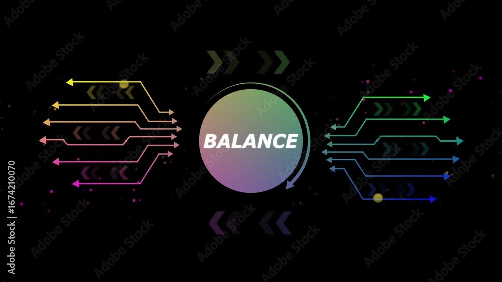 Poster digital balance concept with colorful arrows converging on a central gradient circle and abstract pa