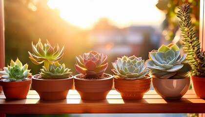potted succulents in rows on wooden shelf by balcony in sunlight