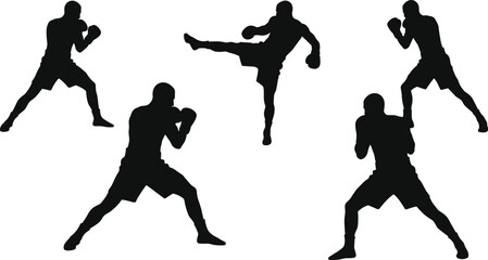 Five Black Silhouette Illustrations of a Kickboxer in Action Poses martial arts fighter