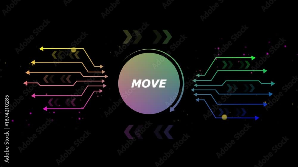 Poster futuristic digital arrows flowing towards central circle with word move technology data transfer con