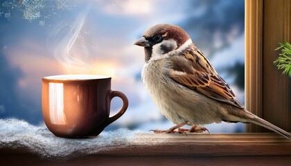sparrow perched by a window with a coffee cup