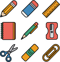 Collection of colorful school supplies on a white background pencil eraser