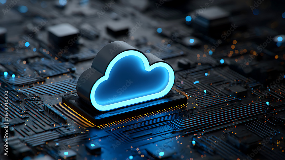 Poster glowing blue cloud symbol on a futuristic circuit board with digital data streams