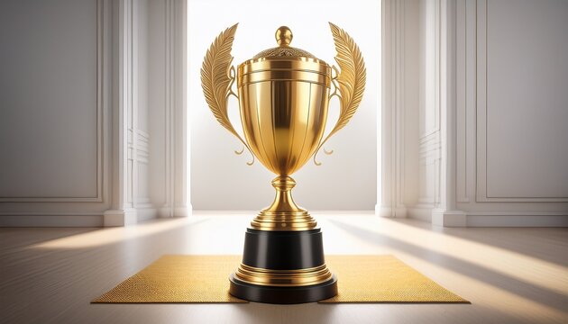 professional close up of a golden throphy placed on the ground of a simple white room a cup rappresenting te big victory of someone