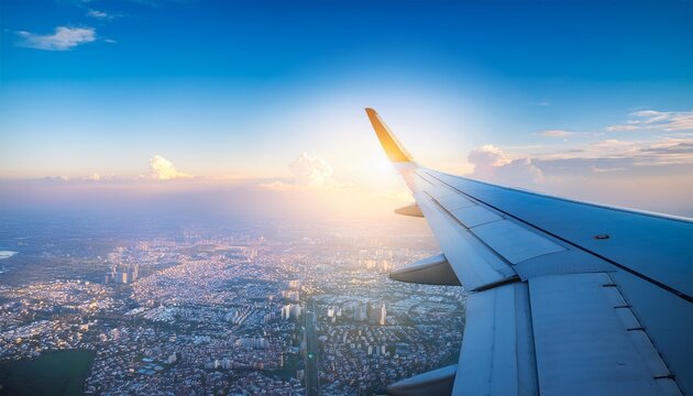 morning flight with sunlight wing of plane over city view airplane flying above clouds blue sky scenic view from window commercial airline flight mechanics concept