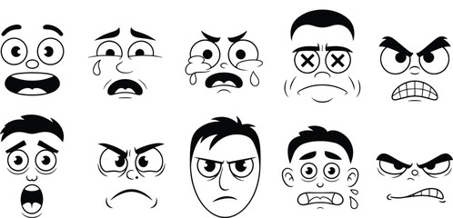 Cartoon vector faces showing various emotional expressions, sad, angry, surprised, scared, crying, confused, furious, shocked, worried, happy, upset