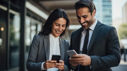 Two business professionals standing outdoors, looking at their smartphones, with a modern office building in the background.