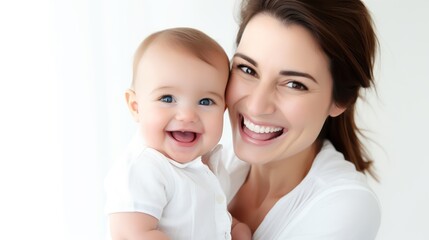 A smiling woman holding a baby in her arms.