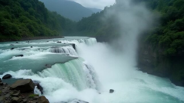 A strong current near a waterfall. Floods flowing in mountain rivers after heavy rains. Flash floods, the effects of global warming and the effects of deforestation.
