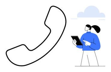 Bold phone receiver icon and a person interacting with a digital tablet, symbolizing communication, connection, and technology. Ideal for customer support, telecom, remote work, team collaboration