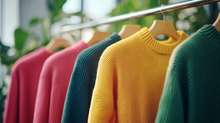 colorful sweaters hanging on a rack in a bright sunlit room