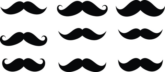 Nine Black Mustache Silhouettes with Swirled Ends on White Background mustaches facial hair