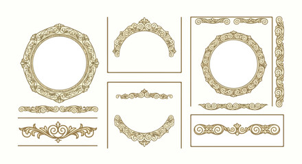 Golden ornamental elements and luxury decorative frames suitable for vintage posters, certificates, invitations, and elegant artworks