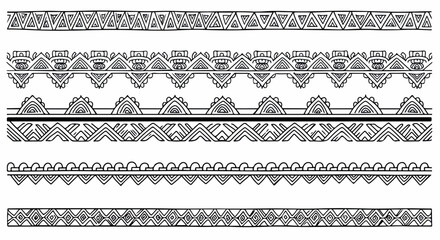 Ethnic seamless line border patterns with geometric and tribal elements suitable for textile design, decoration, and retro artwork
