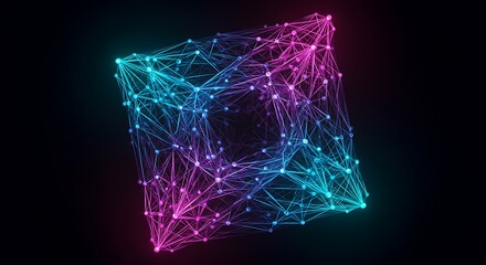 Futuristic visualization of a complex digital network with glowing interconnected nodes in vibrant neon colors on a black background