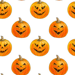 Halloween scary Pumpkins seamless pattern, watercolor illustration Jack's pumpkin head.