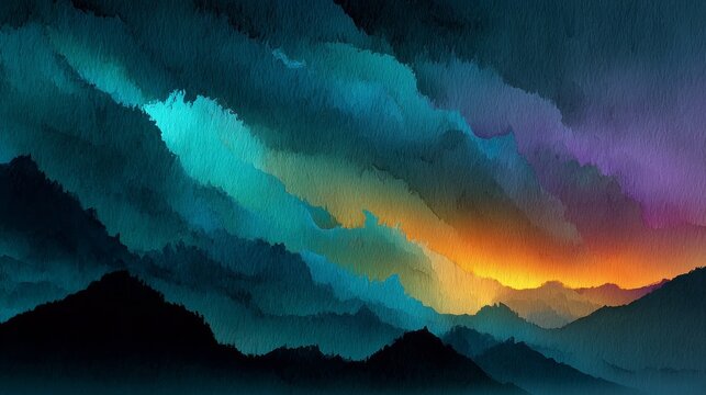 Atmospheric abstract watercolor with layered teal and indigo waves framing a glowing sunset horizon, evoking calm and wonder. Ideal backdrop for branding, lifestyle, wellness, or tech campaigns.