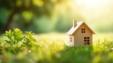 A small wooden house model sitting on a grassy lawn with a blurred background of trees and sunlight.