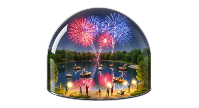 Fireworks Display Over Lake in Snow Globe