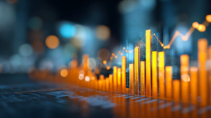 Abstract financial data visualization with rising bar graph and glowing lights
